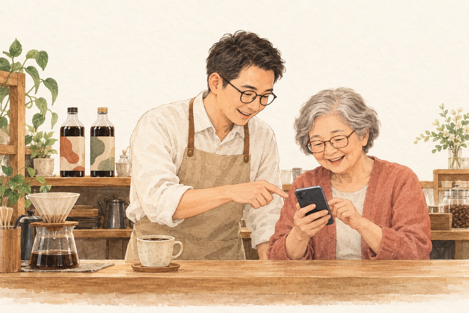 手繪店長陪伴長輩使用手機學習購物