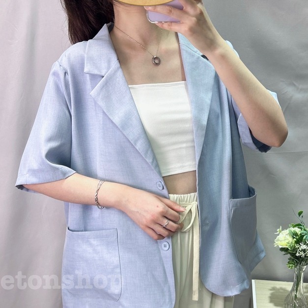 前口袋雙釦棉麻料西外