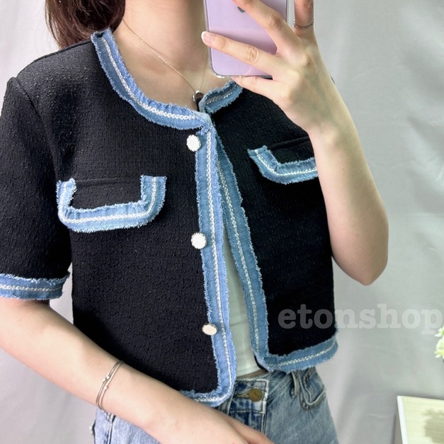 滾邊珠光釦小香粗織上衣