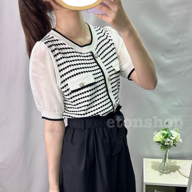 袖接紗造型釦細針織上衣