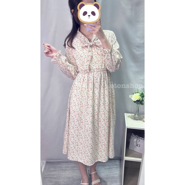 V領蝴蝶結綁帶碎花洋