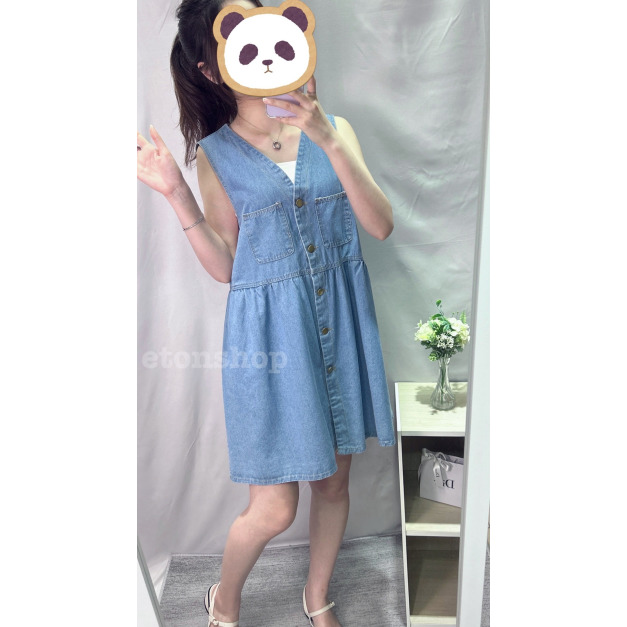 無袖排釦牛仔短洋裝