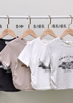 側抓皺復古印花棉上衣