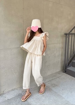 [夏日風情]棉麻飛袖上衣+綁帶哈倫褲套裝