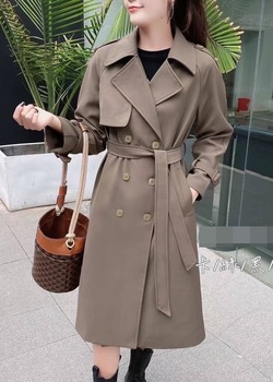 四領方釦長風衣綁帶外套