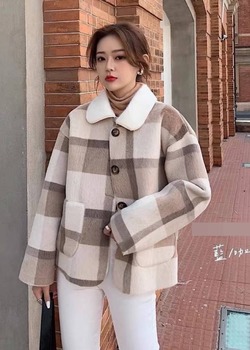 翻領格紋毛毛口袋外套