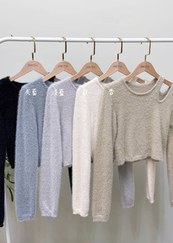 單肩簍空水貂毛上衣