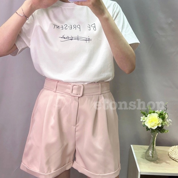 A字反摺口袋雪紡短褲(附同布腰帶)