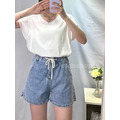 側小開衩綁帶A字口袋牛仔短褲
