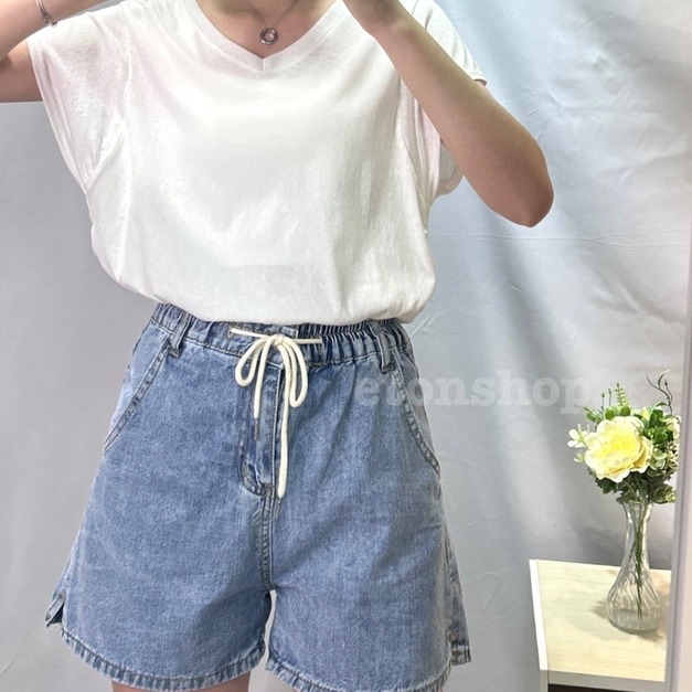 側小開衩綁帶A字口袋牛仔短褲