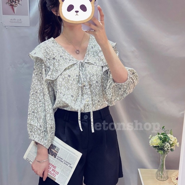 V領綁帶荷葉造型雪紡花上衣