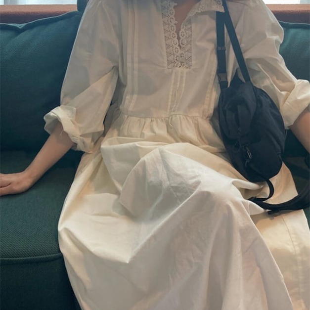 [韓國現貨] 蕾絲拼接長袖壓褶連衣裙A171