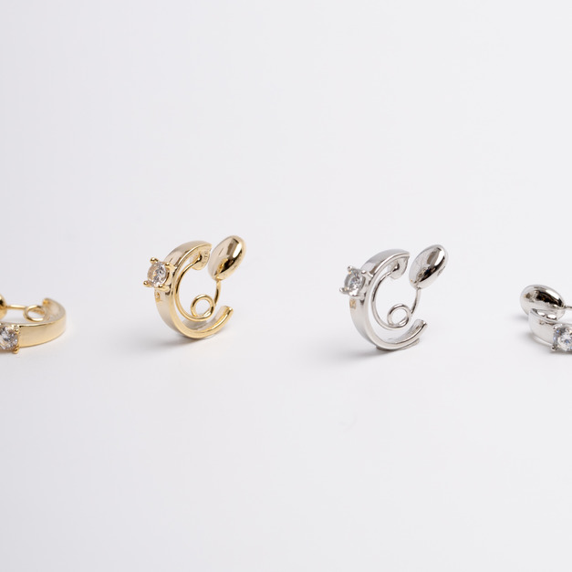 日本直送 | 單鑽鑲嵌C圈．U型彈簧耳夾 - 銀色/金色