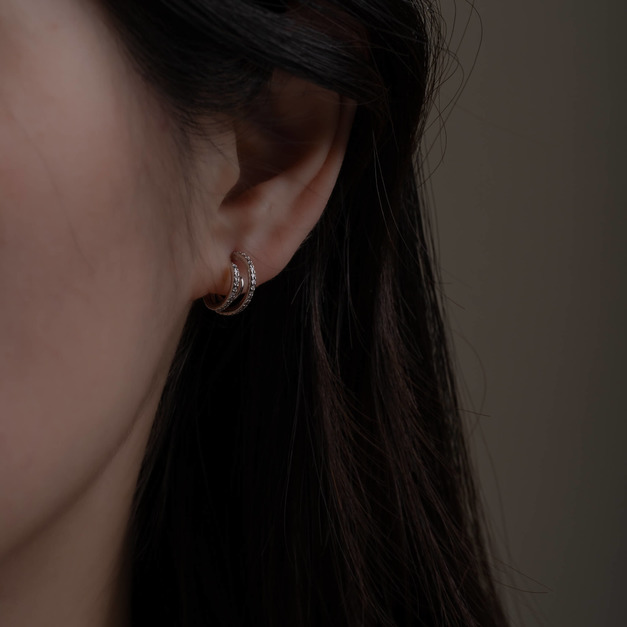 雙排細鑲鑽耳圈．蚊香盤耳夾 - 銀色/金色