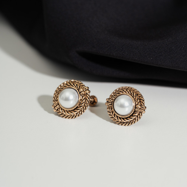 麻花鑲邊珍珠．螺旋夾式耳環 -銀色/金色
