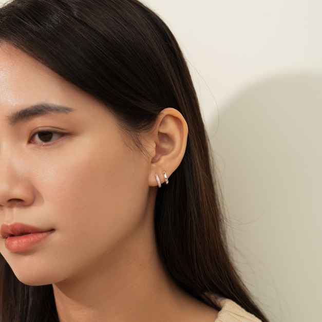 自訂款｜雙線單排鑽．蚊香盤耳夾 - 銀色/玫瑰金色