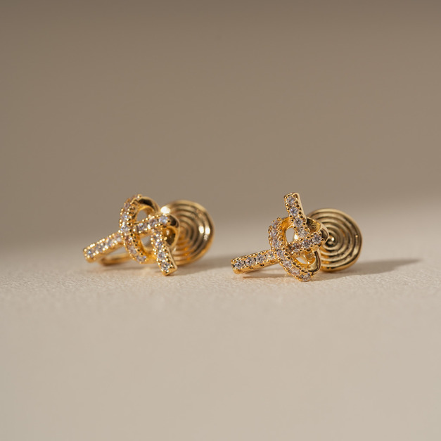 打結愛心鑲鑽線條．蚊香盤耳夾 - 金色