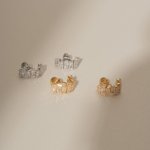 交錯排序鋯石．蚊香盤耳夾 - 銀色/金色