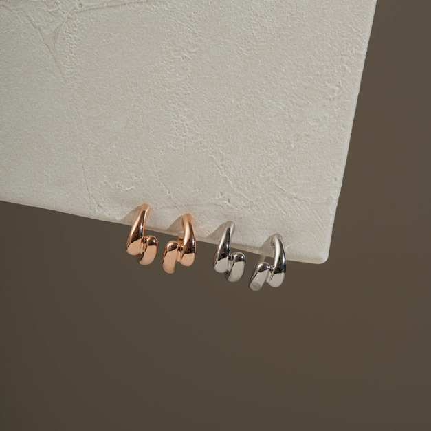 對稱水滴線條環圈．一體成型螺旋耳夾 - 銀色/玫瑰金色