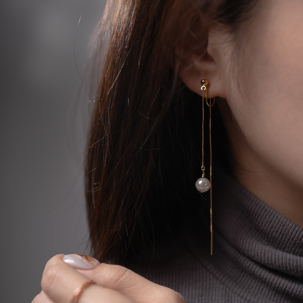 自訂款 | 前後雙線條垂墜水晶珍珠．蚊香盤耳夾 - 金色