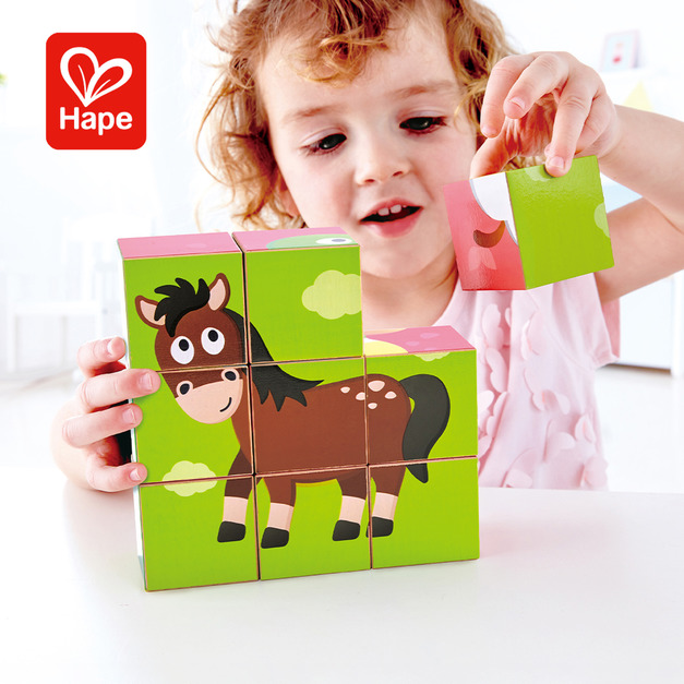 【德國Hape】木製動物方塊拼圖玩具(9件組)