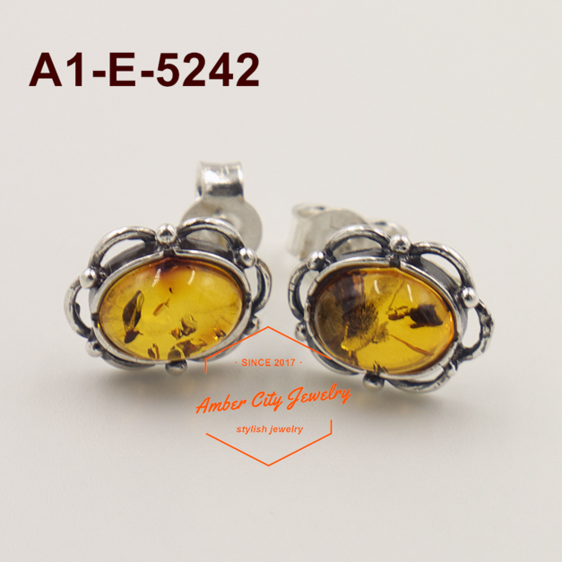 歐風經典華麗琥珀純銀針式耳環
