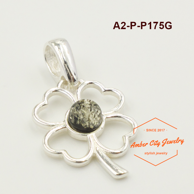 四葉幸運草琥珀純銀墜子(綠) | ACJ 歐風小舖- Amber City Jewelry