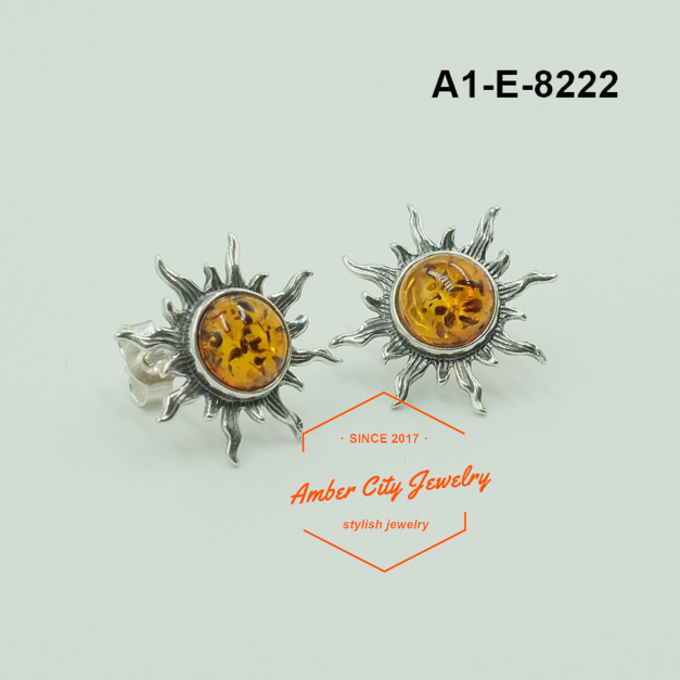 太陽琥珀純銀針式耳環