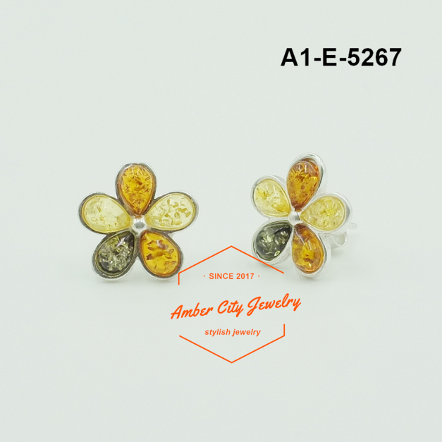 小花琥珀純銀針式耳環
