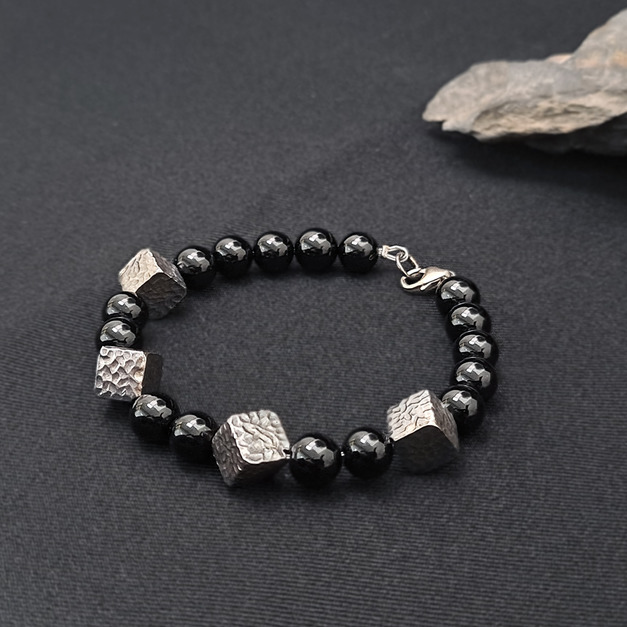 925純銀｜方形波紋黑瑪瑙串珠手鍊 b91115