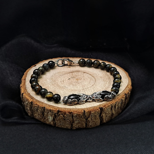 925純銀｜招財元寶貔貅藍虎石串珠手鍊 b91116C