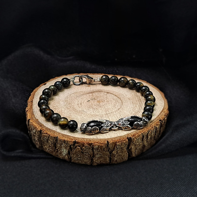 925純銀｜招財元寶貔貅藍虎石串珠手鍊 b91116C