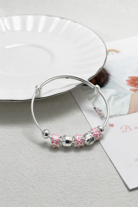 999足銀｜粉花彩球小孩伸縮手環 b9961