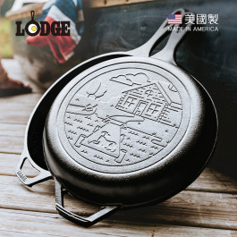 漫遊旅行家系列 美國製鑄鐵平底深淺煎鍋二合一套組(森林小屋)