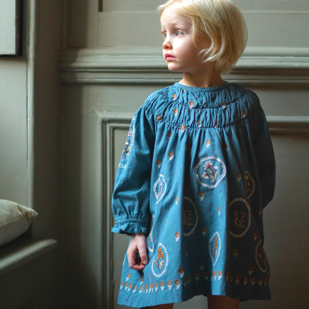 LALi TULIP DRESS - BLUE EMBROIDERY 藍色刺繡抓皺洋裝