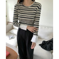 現貨 正韓條紋顯瘦拼接上衣_1