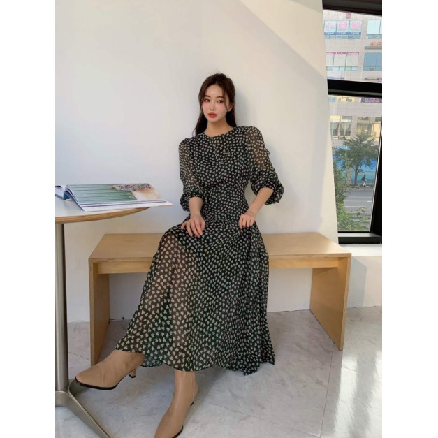 正韓 溫柔顯瘦碎花長洋 2色