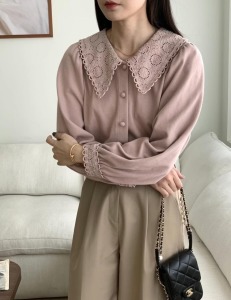 現貨 正韓手工緹花襯衫 粉