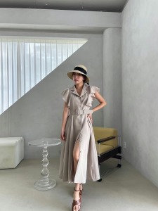 荷葉袖顯瘦收腰排釦長洋(附同色腰帶)