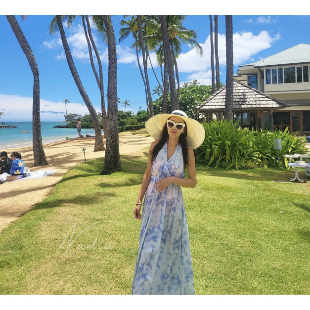 度假暈染綁帶裸背長洋-藍色