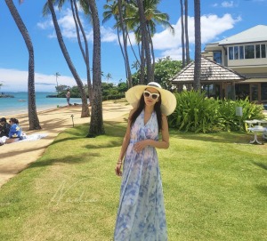 度假暈染綁帶裸背長洋-藍色