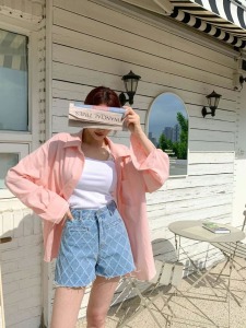 經典格紋質感牛仔短褲L