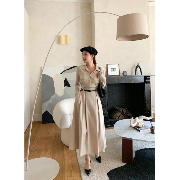 簡約純色壓褶長裙(附腰帶)3色