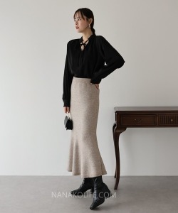 微光鉆點毛呢魚尾長裙 3色