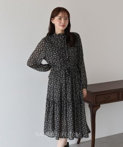 日系碎花小立領綁結雪紡洋裝 2色