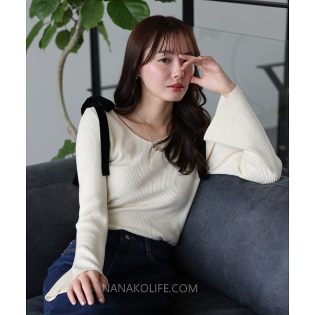 肩帶絲絨蝴蝶結針織上衣 3色