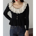 法式蕾絲荷葉領針織上衣 2色_1