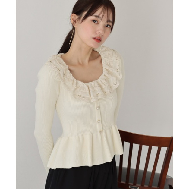 法式蕾絲荷葉領針織上衣 2色