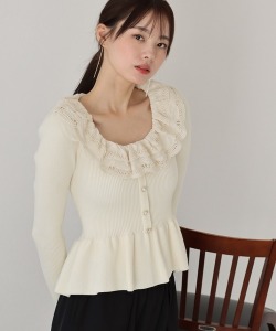 法式蕾絲荷葉領針織上衣 2色