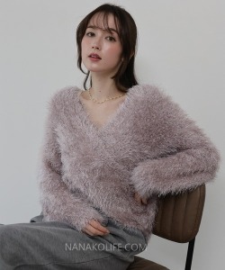 柔雲絨感交叉V領毛毛上衣 3色